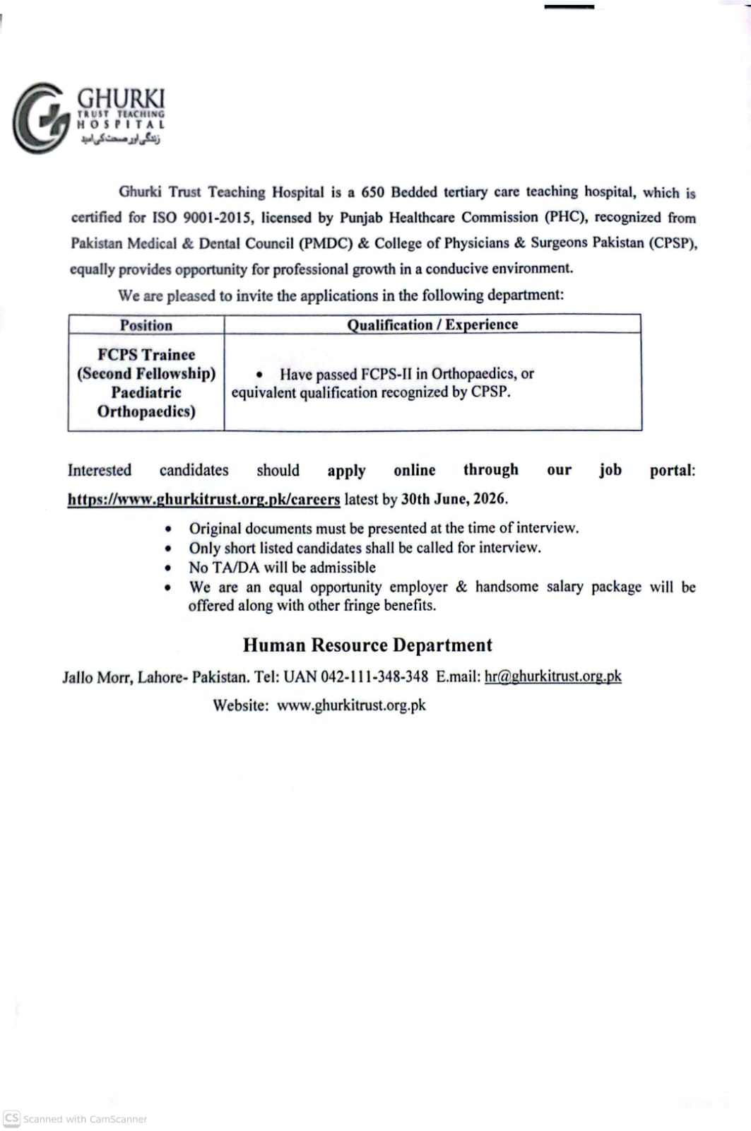 FCPS Trainee (Second Fellowship in  Paediatric Orthopaedics)